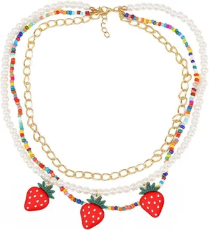 Strawberry Necklace for Women Strawberry Pearl Stackable Choker Necklace Handmade Colorful Beaded Necklace Cute Fruit Necklace Trendy Jewelry Gifts for Women