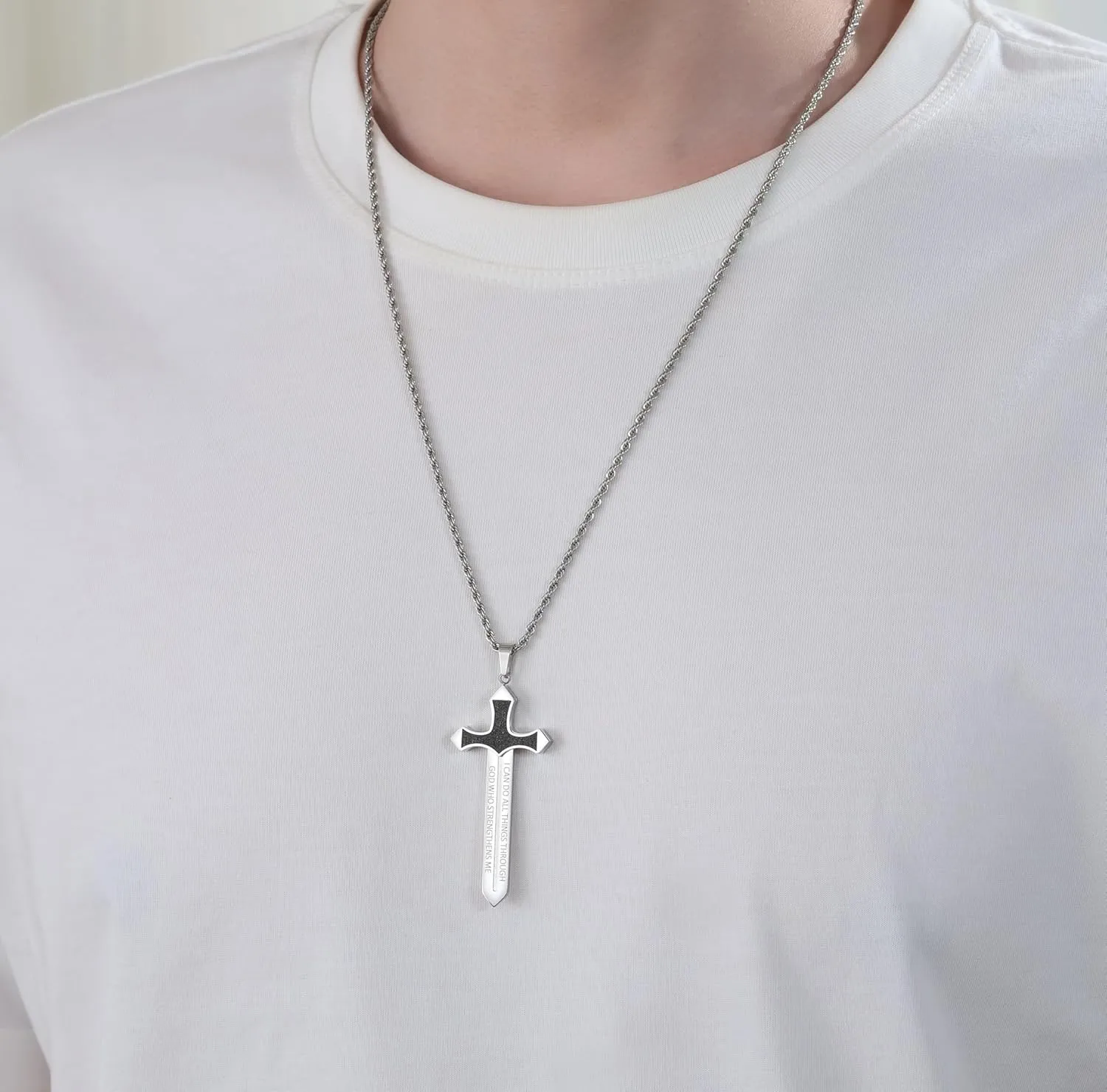 Strength Sword Necklace-Cross/Sword/Evil Eye-Fun Inspirational Pendant Necklace with Stainless Steel,Spiritual Jewelry as GiftS for Men Women in 24  inch Chain