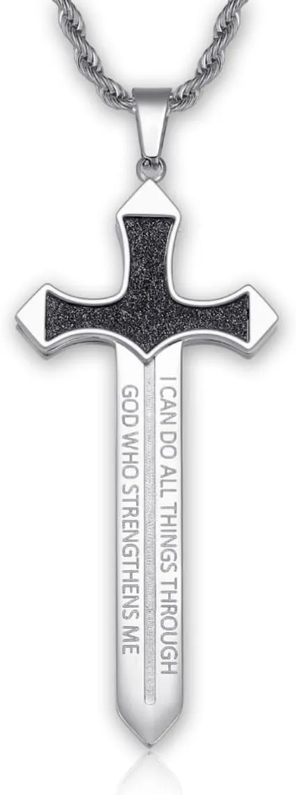 Strength Sword Necklace-Cross/Sword/Evil Eye-Fun Inspirational Pendant Necklace with Stainless Steel,Spiritual Jewelry as GiftS for Men Women in 24  inch Chain