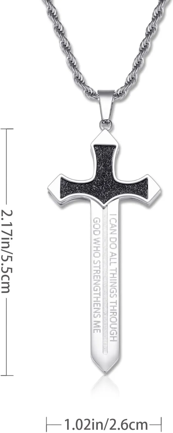 Strength Sword Necklace-Cross/Sword/Evil Eye-Fun Inspirational Pendant Necklace with Stainless Steel,Spiritual Jewelry as GiftS for Men Women in 24  inch Chain