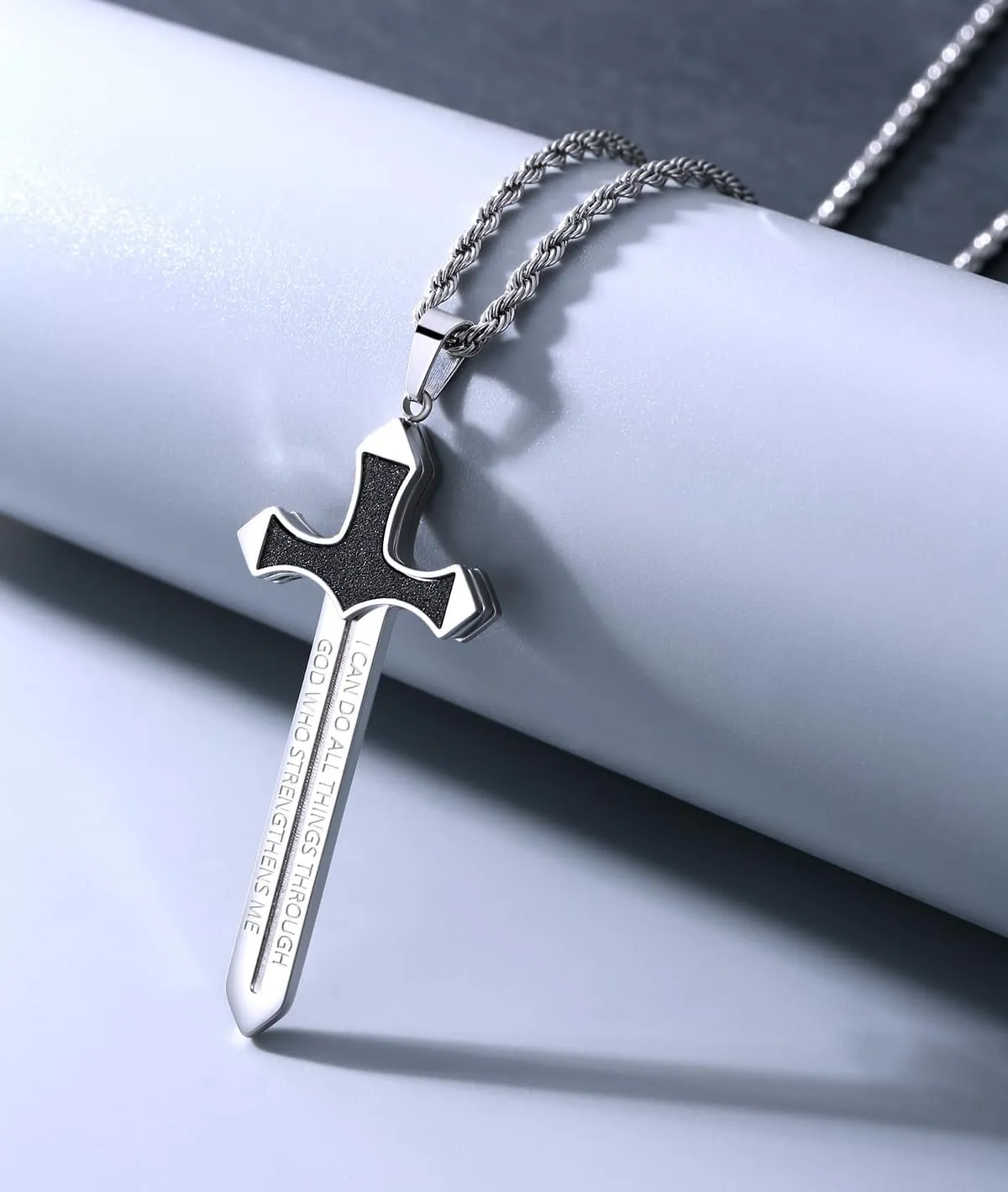 Strength Sword Necklace-Cross/Sword/Evil Eye-Fun Inspirational Pendant Necklace with Stainless Steel,Spiritual Jewelry as GiftS for Men Women in 24  inch Chain