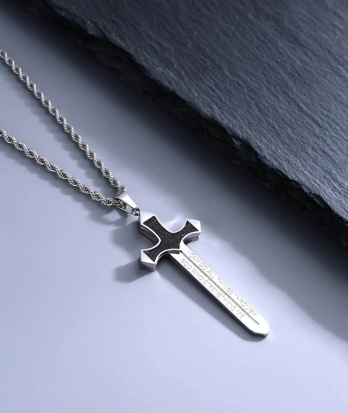 Strength Sword Necklace-Cross/Sword/Evil Eye-Fun Inspirational Pendant Necklace with Stainless Steel,Spiritual Jewelry as GiftS for Men Women in 24  inch Chain