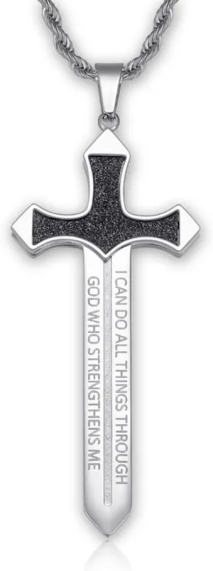 Strength Sword Necklace-Cross/Sword/Evil Eye-Fun Inspirational Pendant Necklace with Stainless Steel,Spiritual Jewelry as GiftS for Men Women in 24  inch Chain