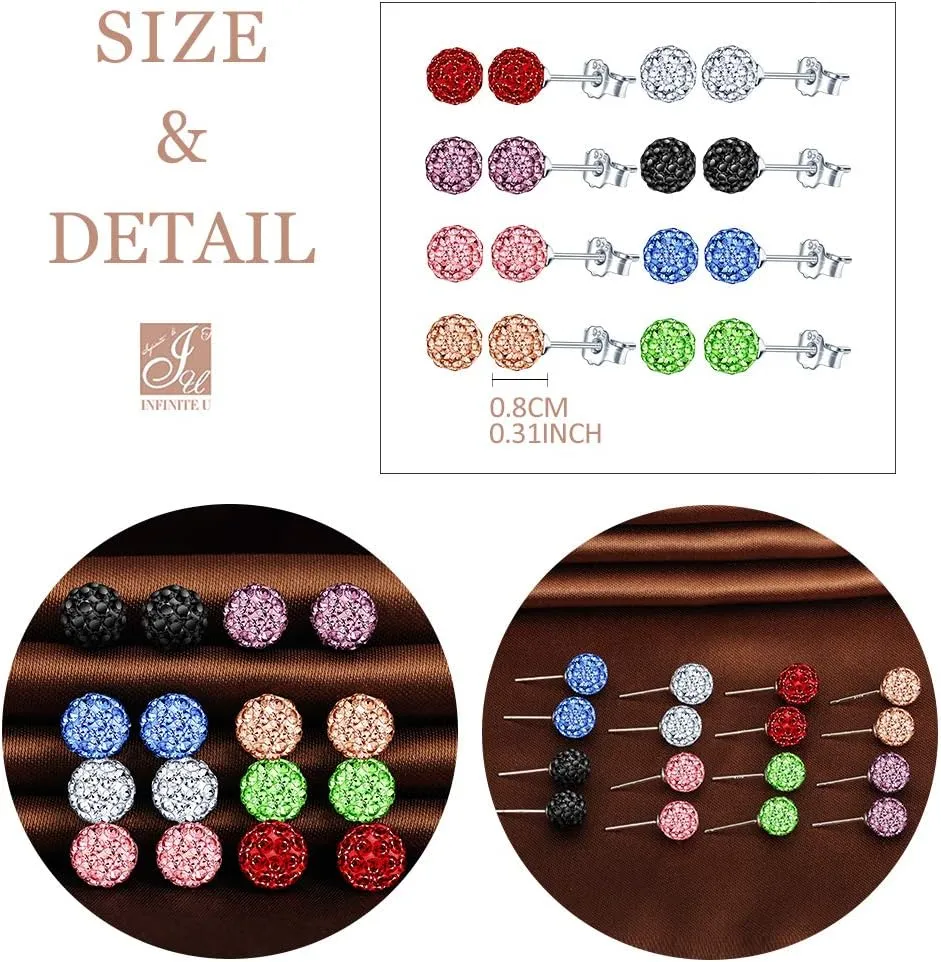 Stud Earrings 925 Sterling Silver Hypoallergenic Crystal 8mm Ball Earrings for Sensitive Ears Priercing for Mother's Day Gift