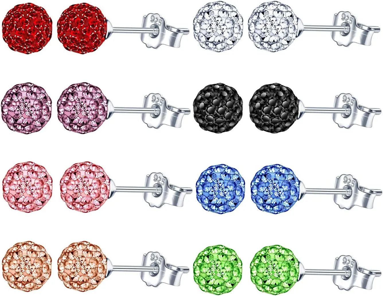 Stud Earrings 925 Sterling Silver Hypoallergenic Crystal 8mm Ball Earrings for Sensitive Ears Priercing for Mother's Day Gift
