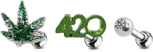Stud Earrings Stainless Steel Ear Studs with 4/20 Symbol, Green Pot Leaf  Surgical Steel Earrings Studs for Women and Men  Cartilage Stud Earrings Set of 3