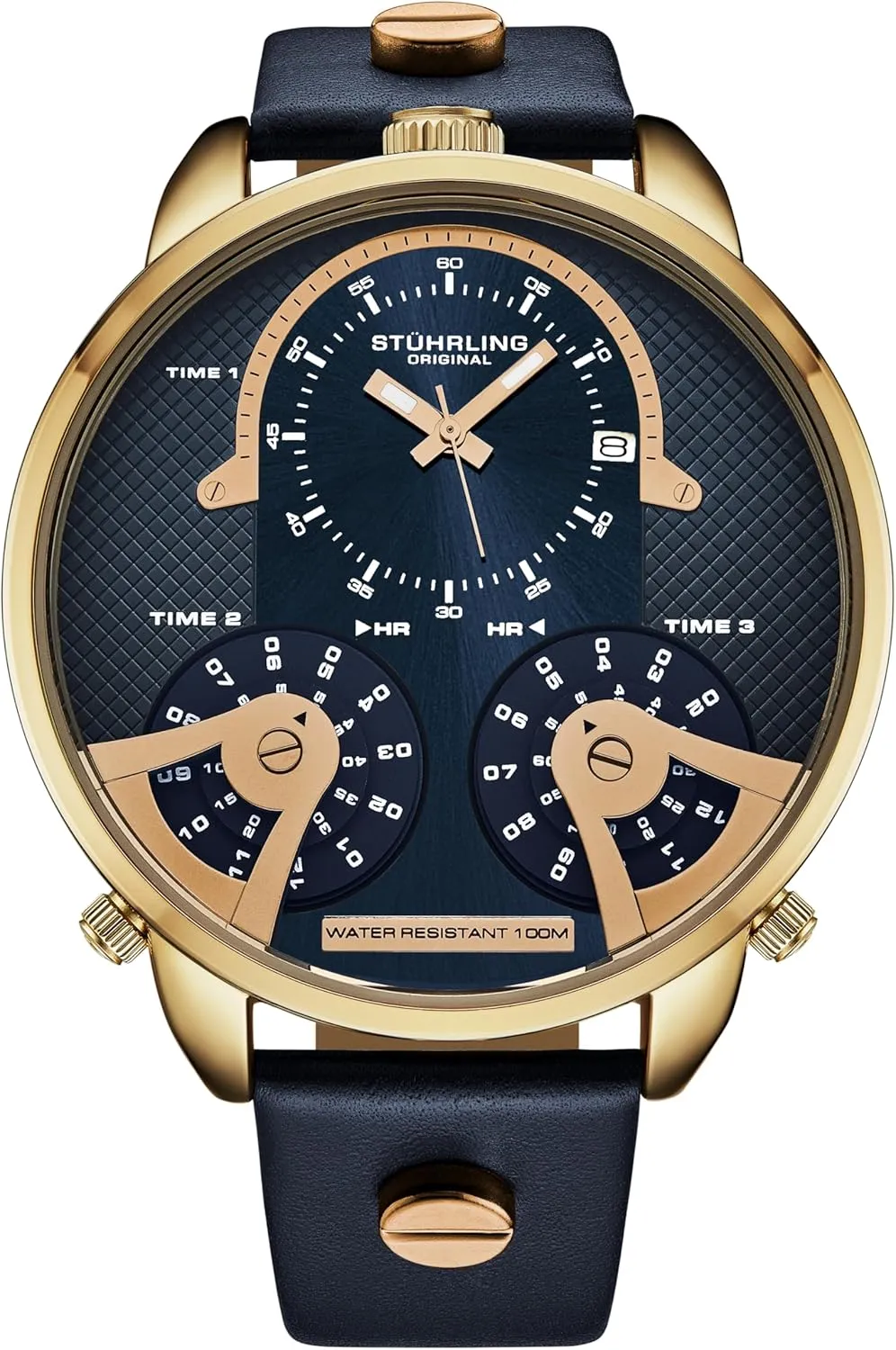 Stuhrling Original Men's 50mm Watch, Japanese Quartz Movement, Triple-Time Zone, 100m Water Resistant, Premium Genuine Leather Strap