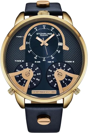 Stuhrling Original Men's 50mm Watch, Japanese Quartz Movement, Triple-Time Zone, 100m Water Resistant, Premium Genuine Leather Strap