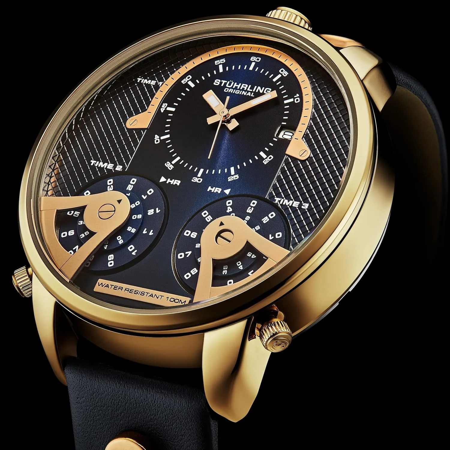 Stuhrling Original Men's 50mm Watch, Japanese Quartz Movement, Triple-Time Zone, 100m Water Resistant, Premium Genuine Leather Strap