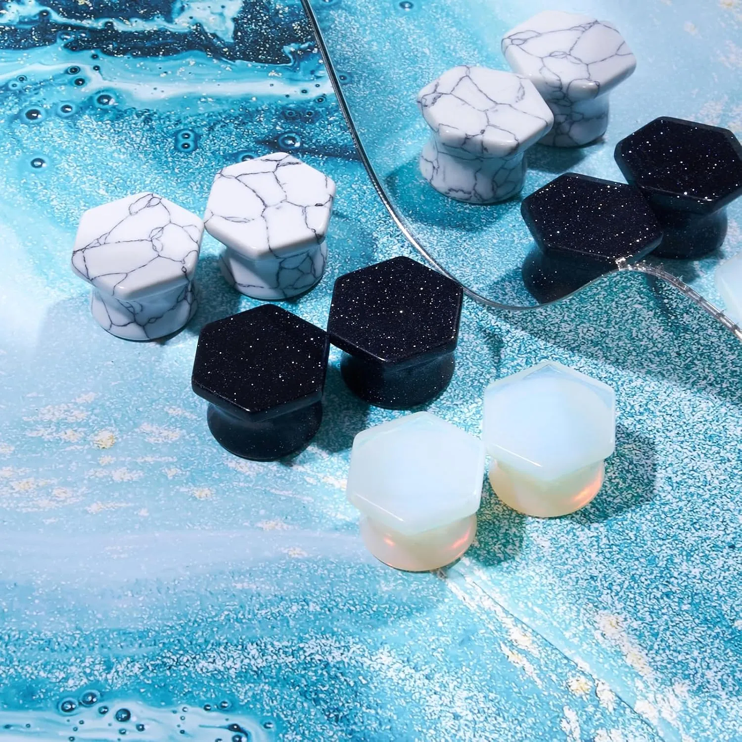 Stuppendux 6PC/8PC Body Piercing Stone Plugs Ear Stretching Kit Saddle Double Flared Tunnels Expander Earrings for Men Women Unisex Jewelry 2G-5/8 6-16MM