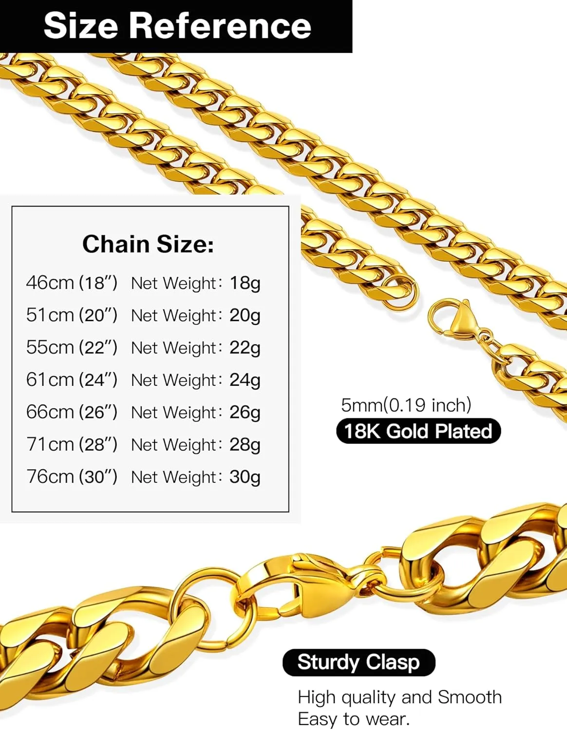 Sturdy Cuban Link Chain Stainless Steel Necklace for Men Women, 3/5/7/10/12MM Width, 18K Gold/Black Metal/316L Stainless Steel Curb Necklace Chains, 18-30inch Length