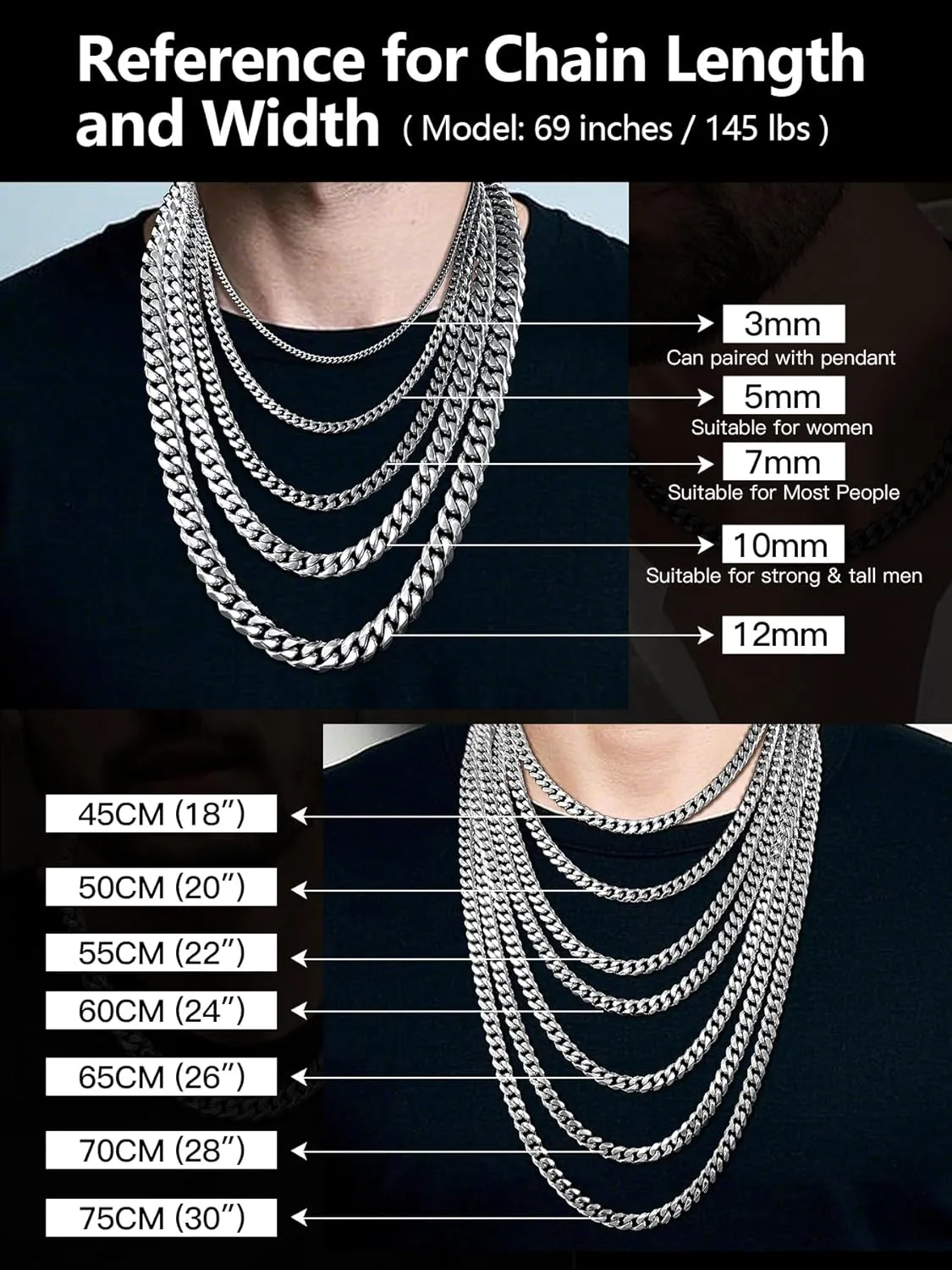 Sturdy Cuban Link Chain Stainless Steel Necklace for Men Women, 3/5/7/10/12MM Width, 18K Gold/Black Metal/316L Stainless Steel Curb Necklace Chains, 18-30inch Length