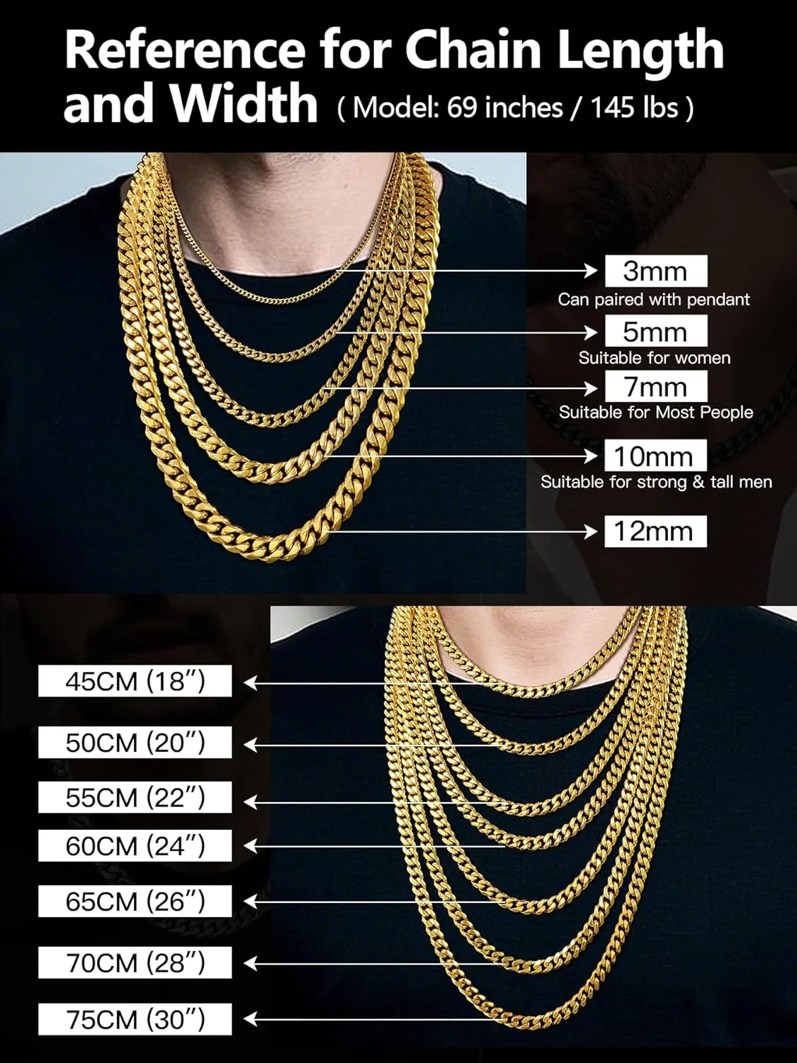 Sturdy Cuban Link Chain Stainless Steel Necklace for Men Women, 3/5/7/10/12MM Width, 18K Gold/Black Metal/316L Stainless Steel Curb Necklace Chains, 18-30inch Length