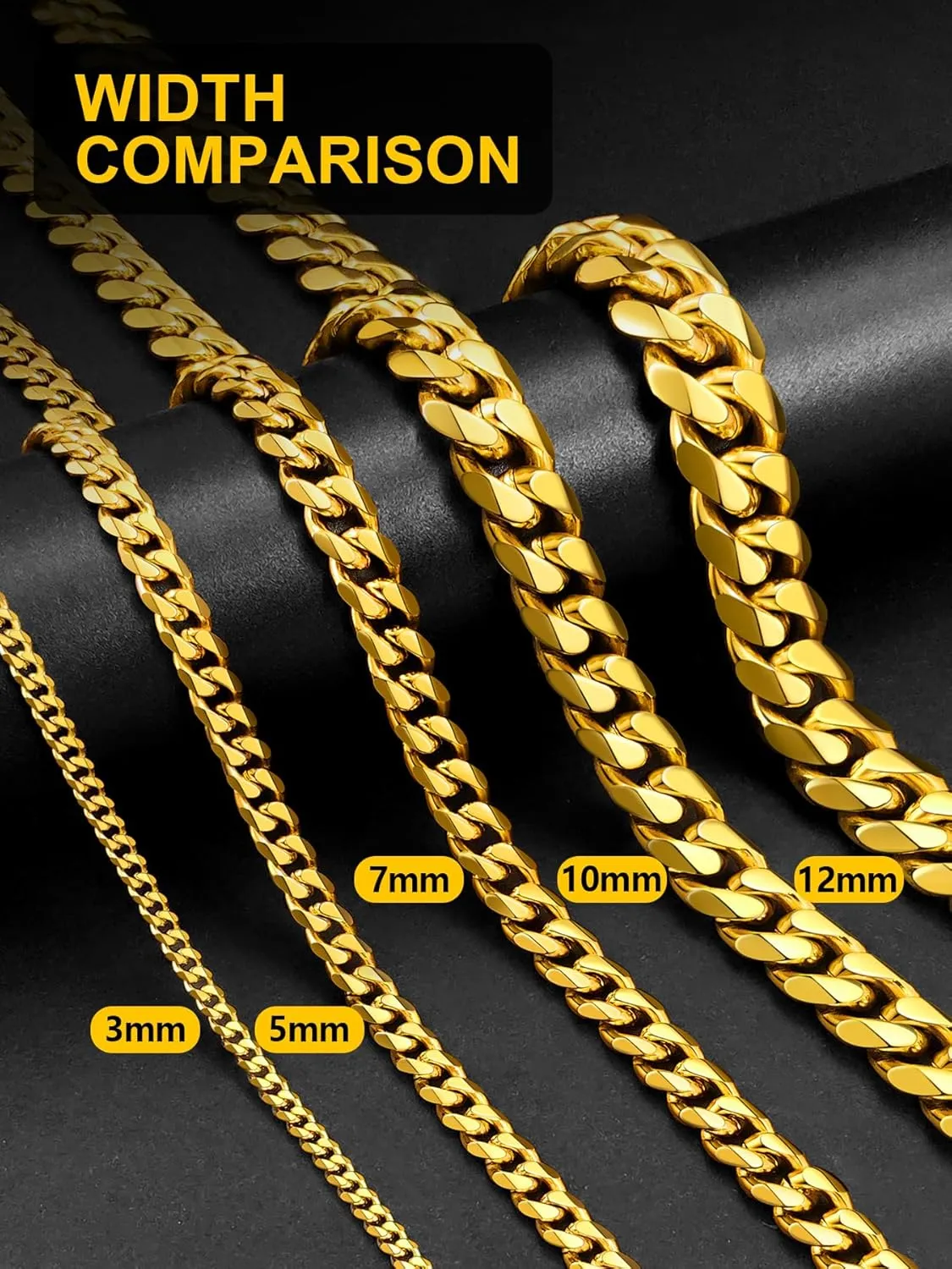 Sturdy Cuban Link Chain Stainless Steel Necklace for Men Women, 3/5/7/10/12MM Width, 18K Gold/Black Metal/316L Stainless Steel Curb Necklace Chains, 18-30inch Length