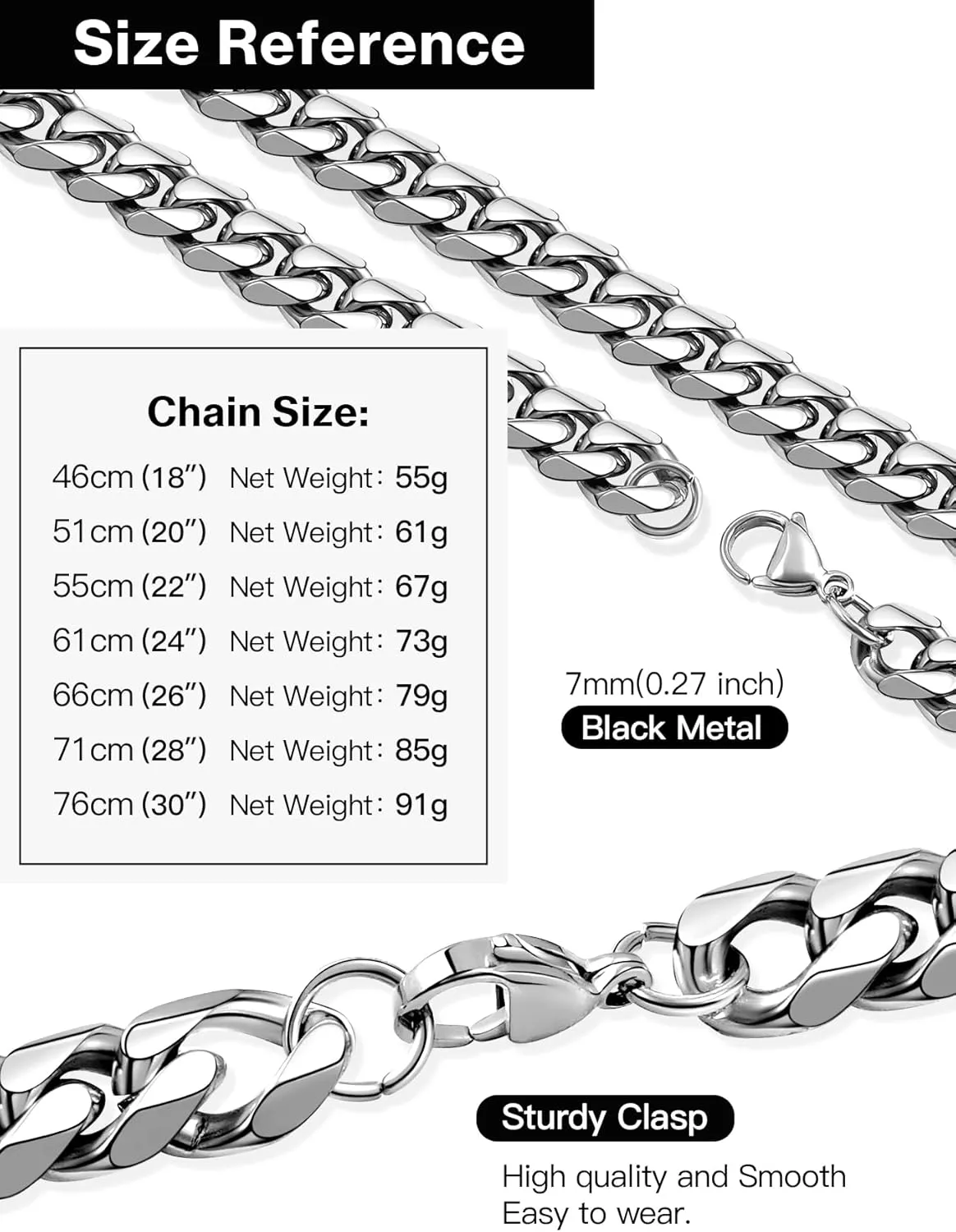 Sturdy Cuban Link Chain Stainless Steel Necklace for Men Women, 3/5/7/10/12MM Width, 18K Gold/Black Metal/316L Stainless Steel Curb Necklace Chains, 18-30inch Length
