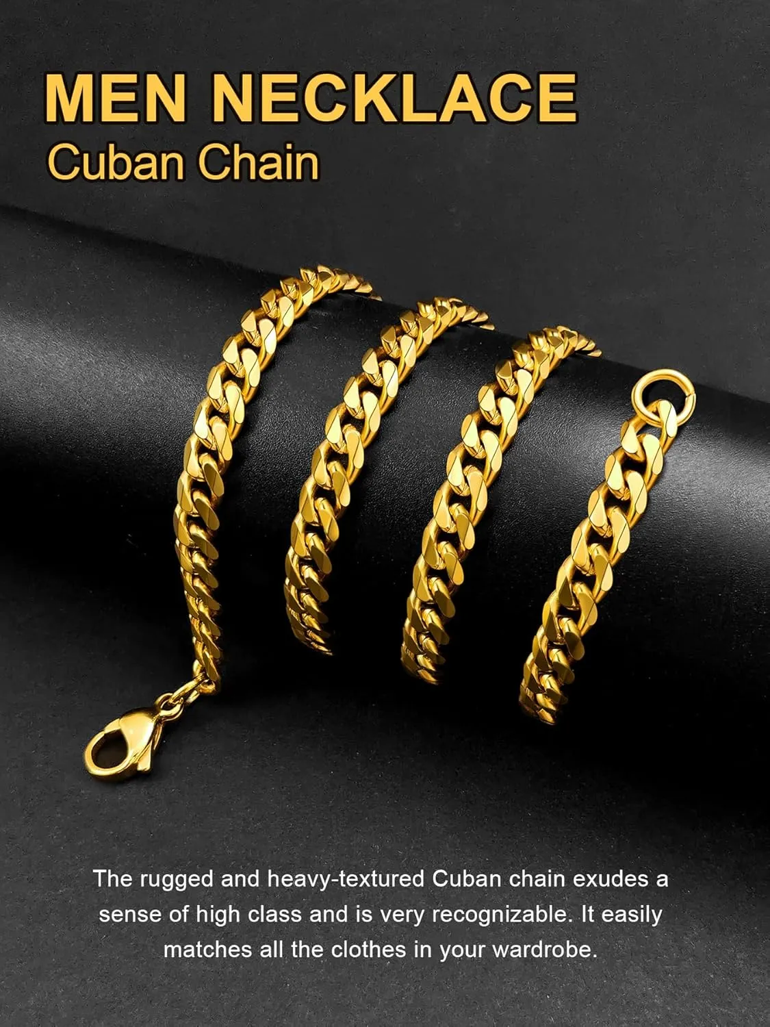Sturdy Cuban Link Chain Stainless Steel Necklace for Men Women, 3/5/7/10/12MM Width, 18K Gold/Black Metal/316L Stainless Steel Curb Necklace Chains, 18-30inch Length