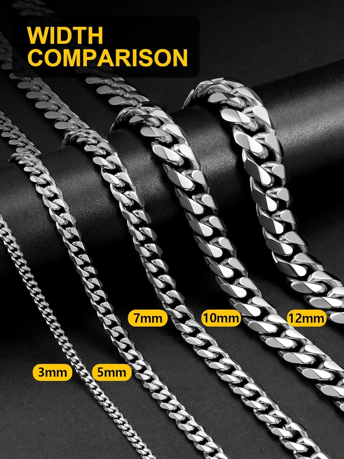 Sturdy Cuban Link Chain Stainless Steel Necklace for Men Women, 3/5/7/10/12MM Width, 18K Gold/Black Metal/316L Stainless Steel Curb Necklace Chains, 18-30inch Length