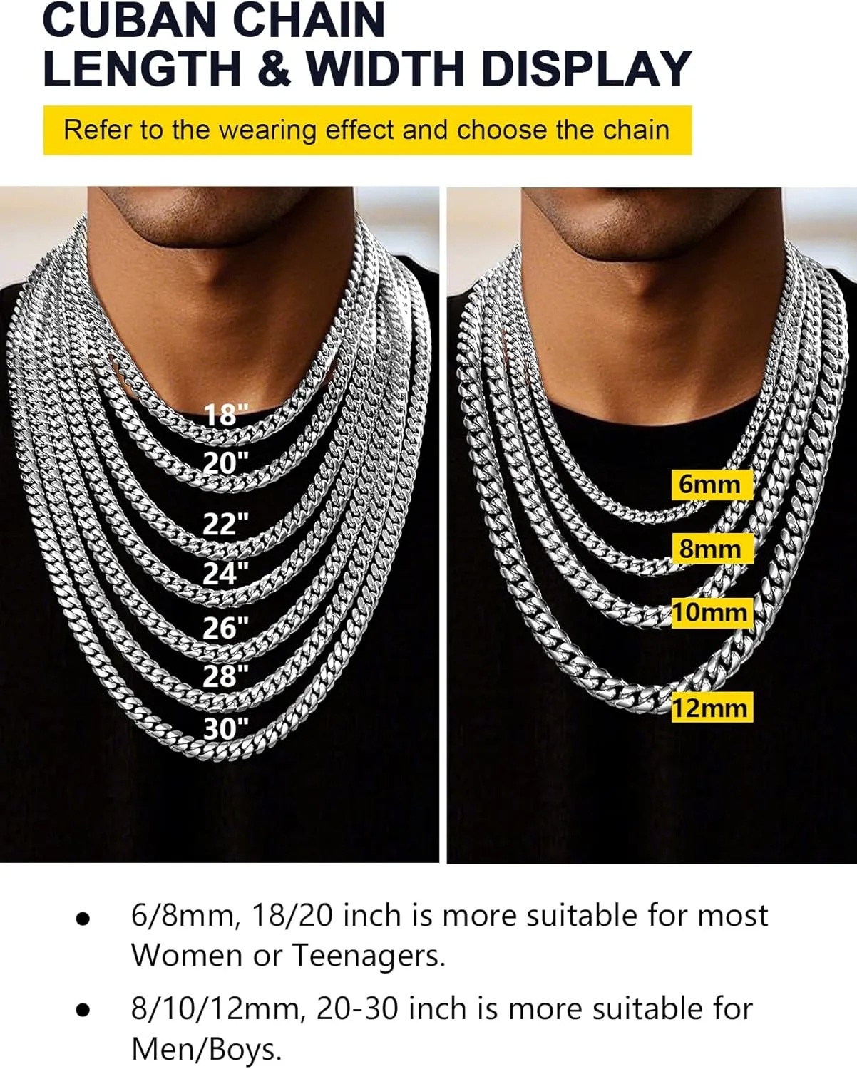 Sturdy Cuban Link Chain Stainless Steel Necklace for Men Women, 6/8/10/12MM Width, 18K Gold/Black Metal/316L Stainless Steel Curb Necklace Chains, Hip Hop Jewelry Mens Gift, 18-30inch Length