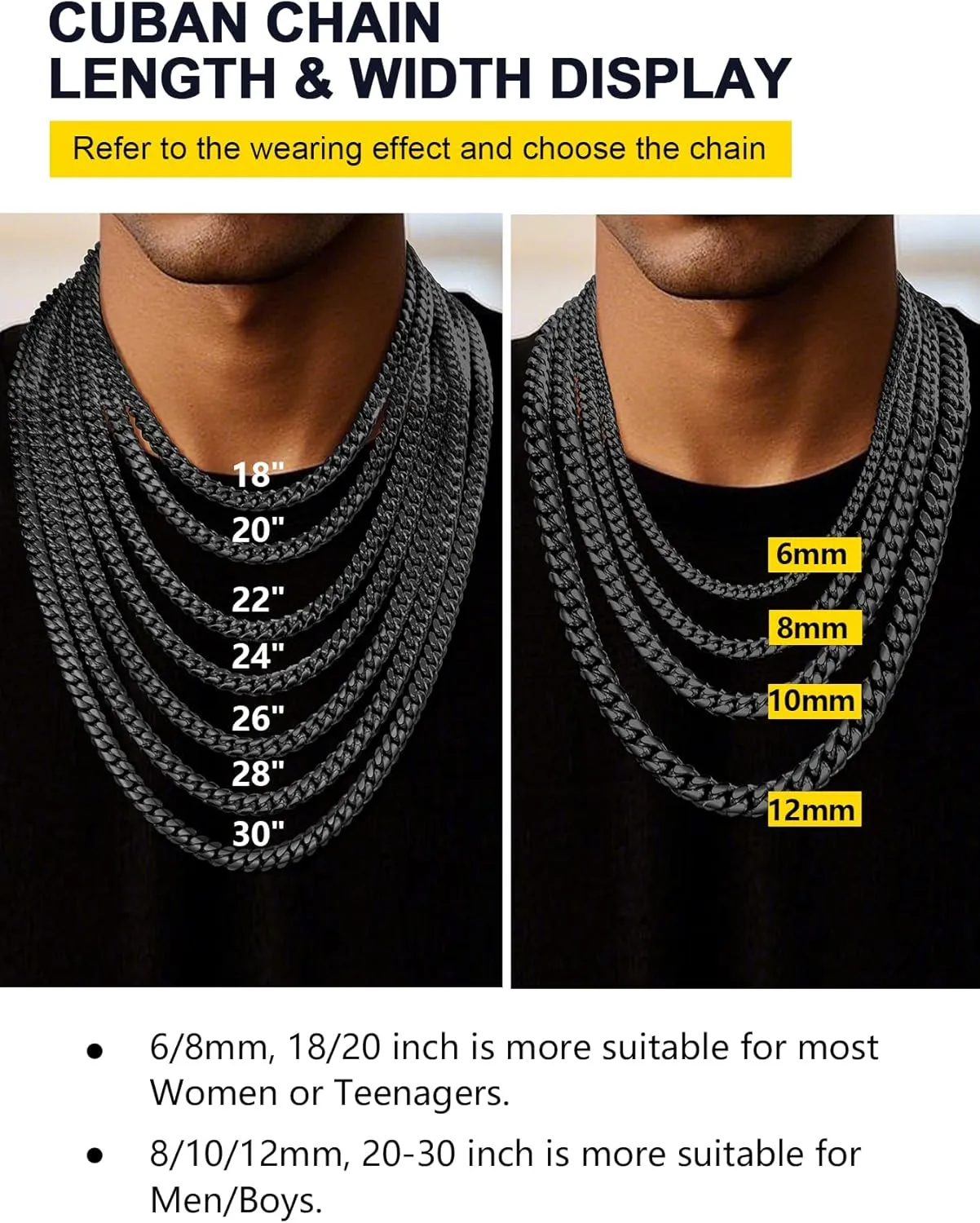 Sturdy Cuban Link Chain Stainless Steel Necklace for Men Women, 6/8/10/12MM Width, 18K Gold/Black Metal/316L Stainless Steel Curb Necklace Chains, Hip Hop Jewelry Mens Gift, 18-30inch Length
