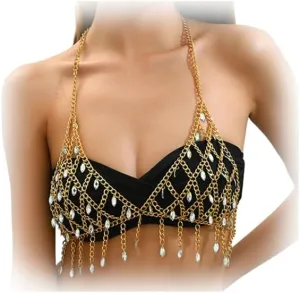 Summer Beach Crystal Harness Body Chain Jewelry Sexy Bikini Rhinestone Bra Body Chain Festival Rave Body Chain Jewelry for Women