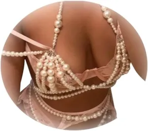 Summer Boho Pearl Bra Body Chain Bikini Beads Lingerie Chain Necklace Crystal Bead Body Chain Jewelry Trend Festival Pearl Waist Jewelry for Women (White)