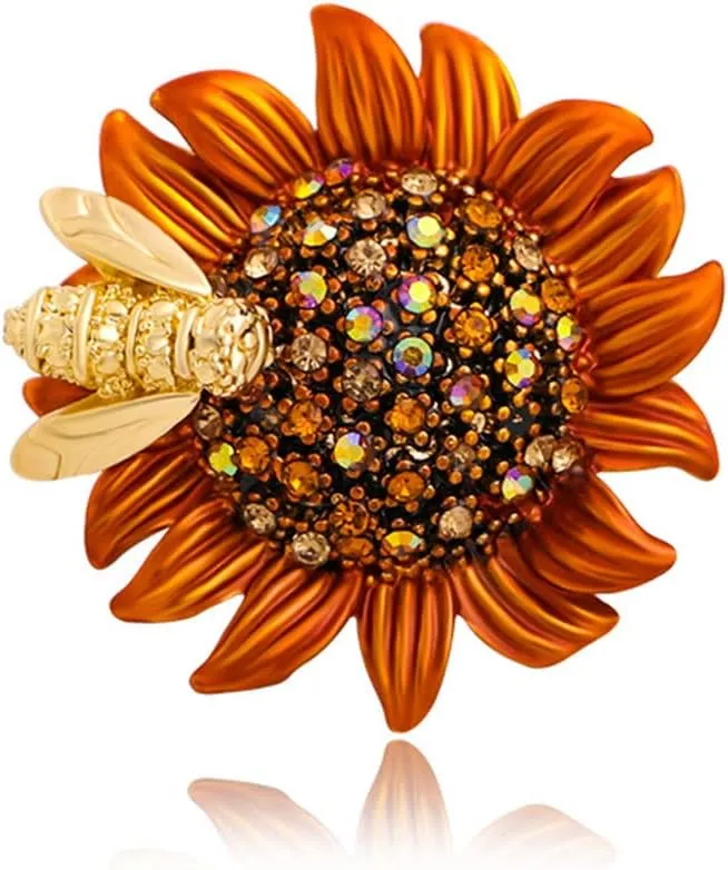 Sunflower Brooch Pin Rhinestone Crystal Flower Brooch Yellow Bee Daisy Brooch Premium Elegant Clothing Hat Bag Accessories for Women