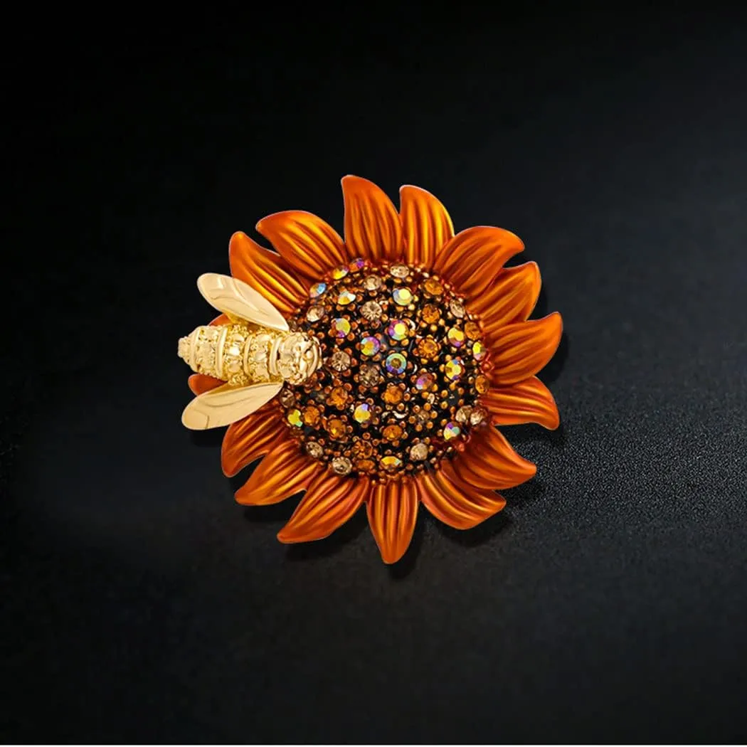 Sunflower Brooch Pin Rhinestone Crystal Flower Brooch Yellow Bee Daisy Brooch Premium Elegant Clothing Hat Bag Accessories for Women