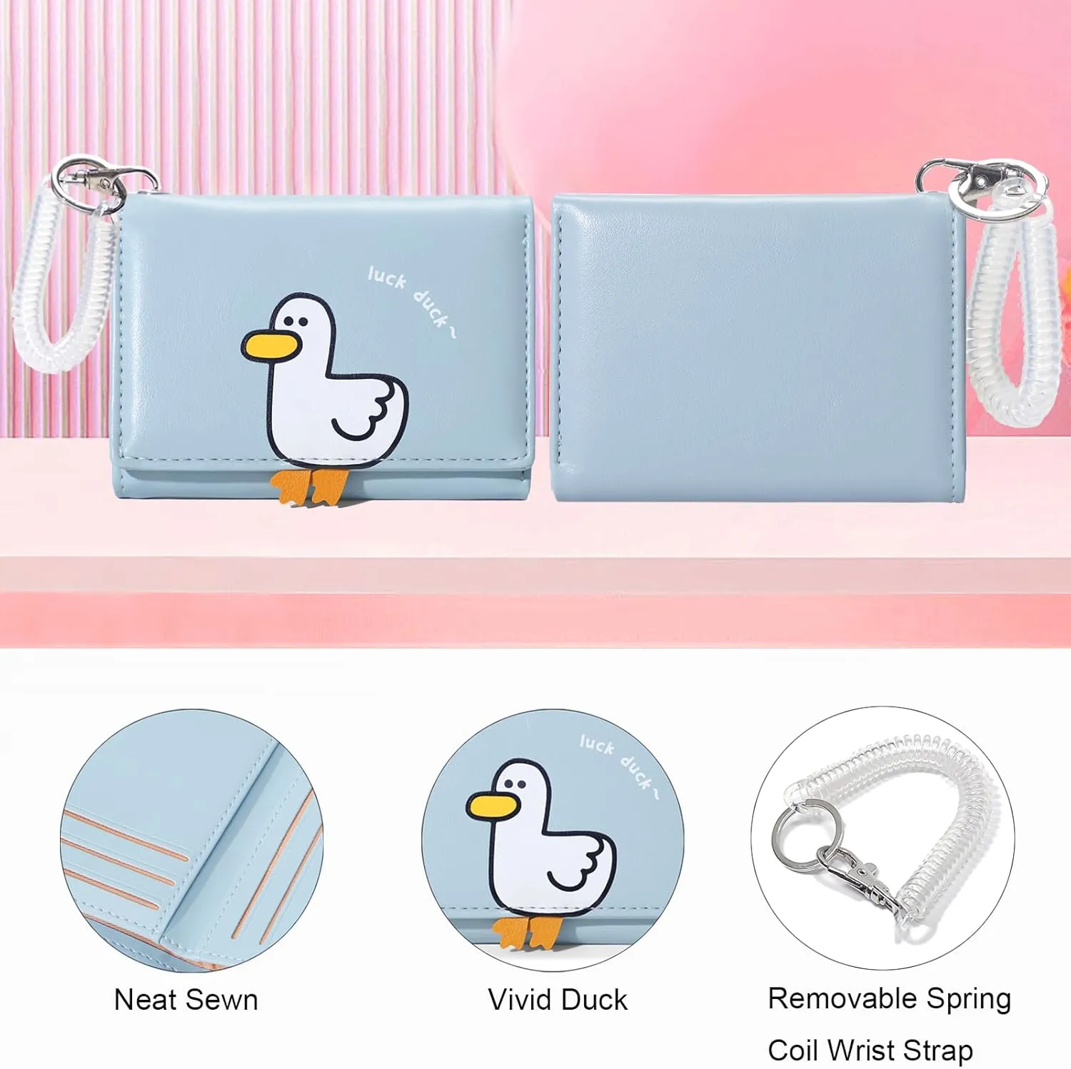 Sunwel Fashion Girls Cute 3D Duck Mini Wallet with Key-chain Wristlet Cash Pocket Card Holder ID Window Purse for Women