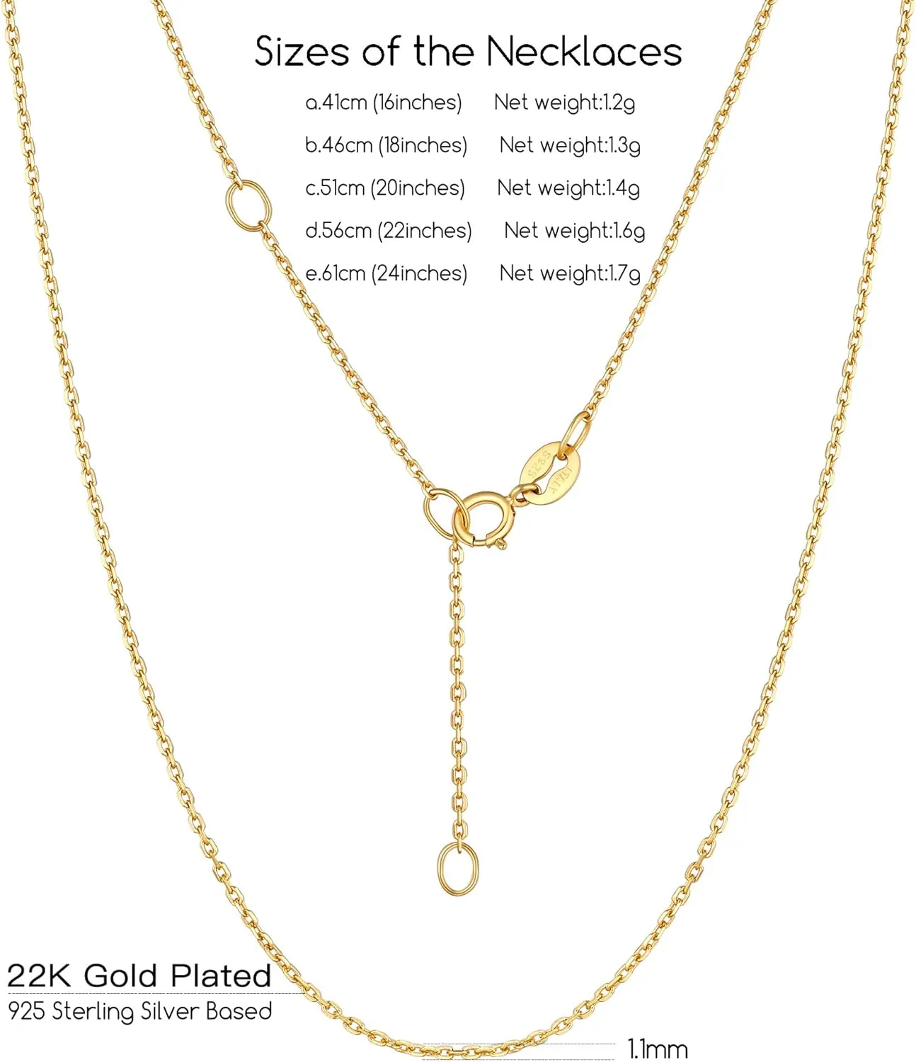 Suplight 925 Sterling Silver Necklace Chain for Women-1.1&1.5mm Chain Necklace 22k Gold Plated/Silver Necklaces for Women Thin & Sturdy-Adjustable Length-Italian Quality 16-24 Inch