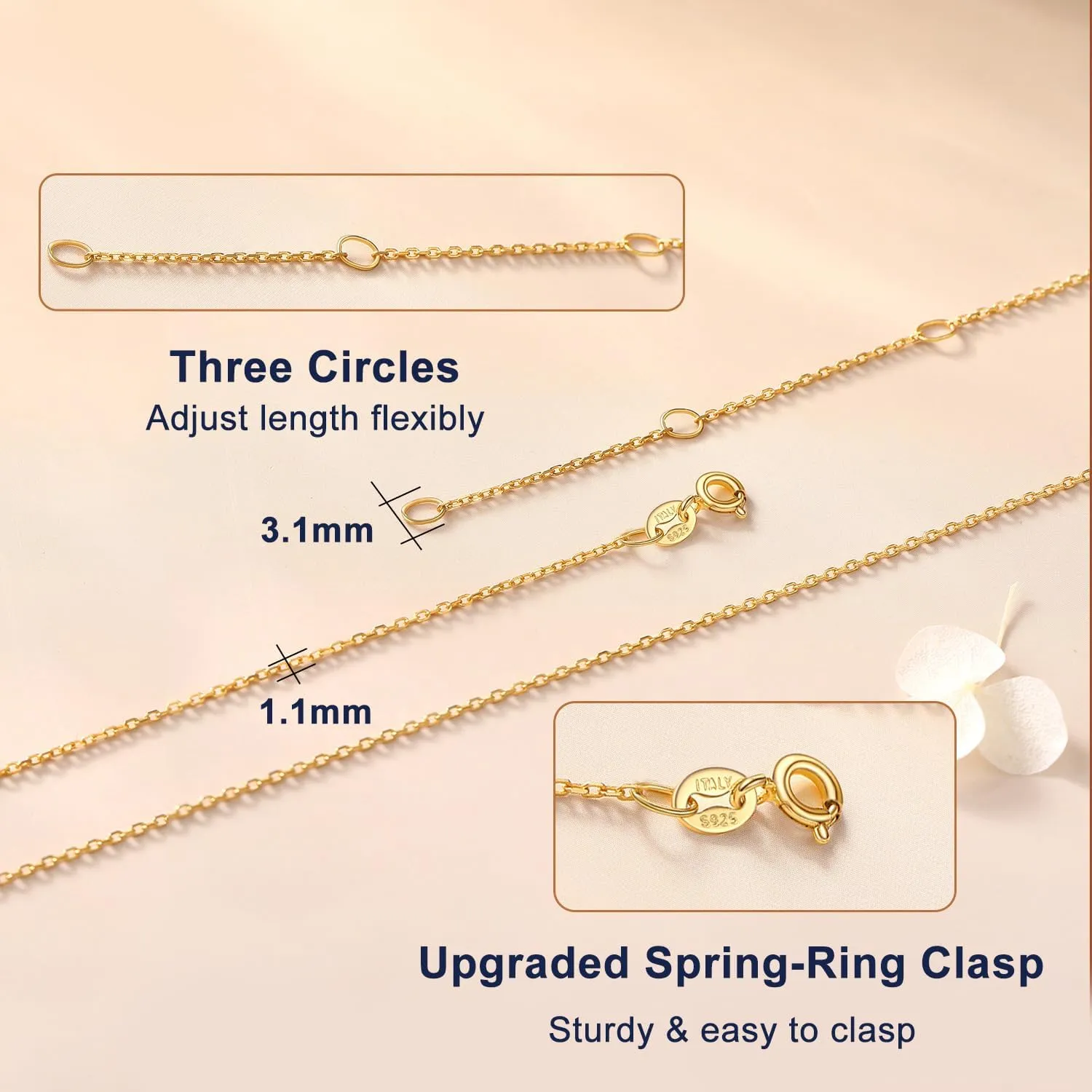 Suplight 925 Sterling Silver Necklace Chain for Women-1.1&1.5mm Chain Necklace 22k Gold Plated/Silver Necklaces for Women Thin & Sturdy-Adjustable Length-Italian Quality 16-24 Inch