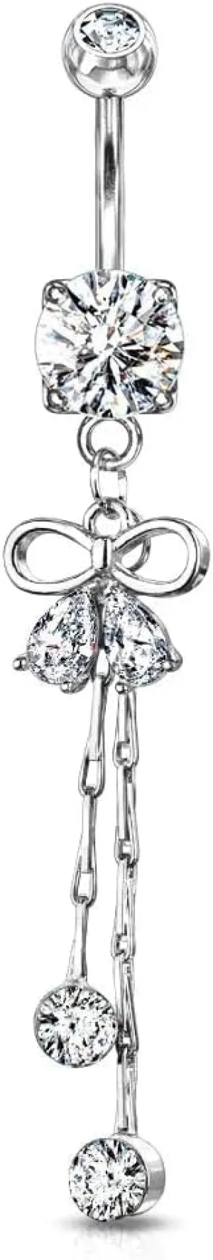 Surgical Steel Belly Button Ring 14 Gauge Ribbon & Gem Chain Dangle