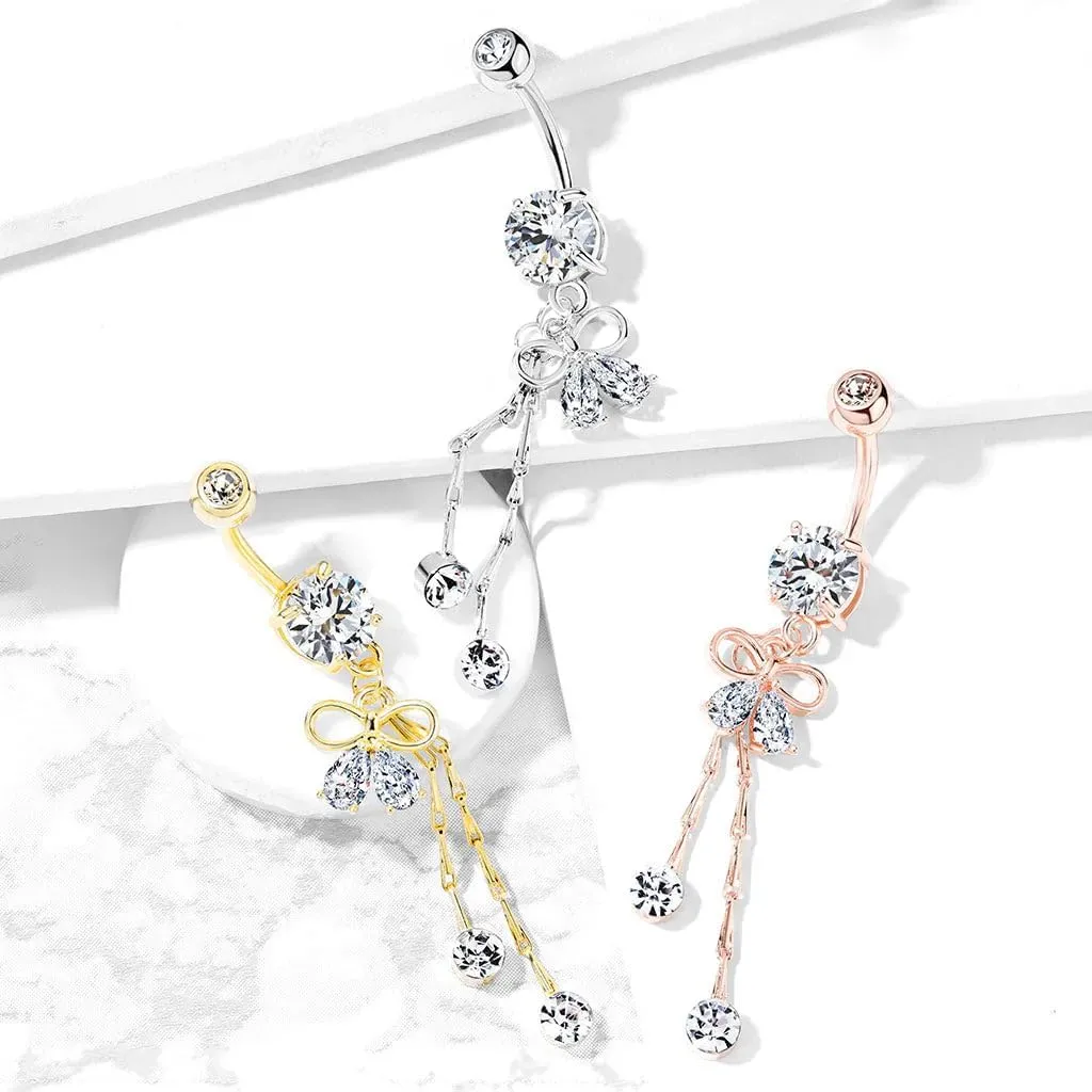 Surgical Steel Belly Button Ring 14 Gauge Ribbon & Gem Chain Dangle