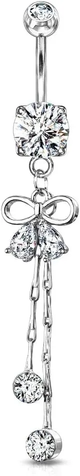 Surgical Steel Belly Button Ring 14 Gauge Ribbon & Gem Chain Dangle