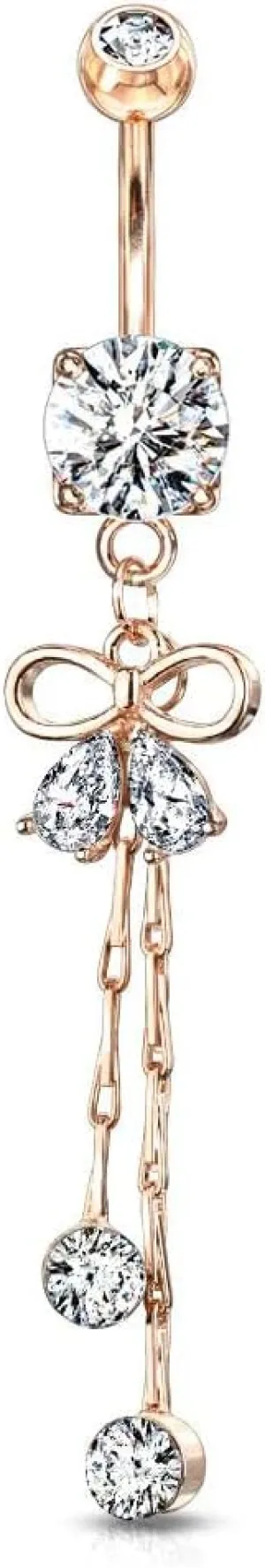 Surgical Steel Belly Button Ring 14 Gauge Ribbon & Gem Chain Dangle