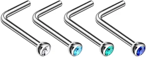 Surgical Steel L Shaped Nose Ring 7mm Flesh tiny Nostril Crystal Stud Piercing Jewelry - See More Colors
