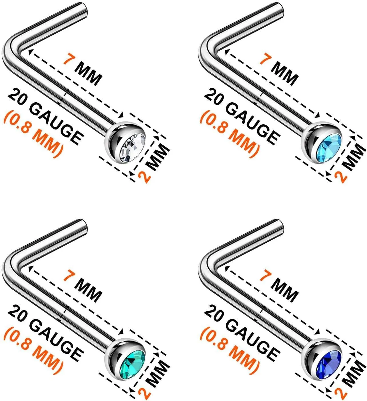 Surgical Steel L Shaped Nose Ring 7mm Flesh tiny Nostril Crystal Stud Piercing Jewelry - See More Colors