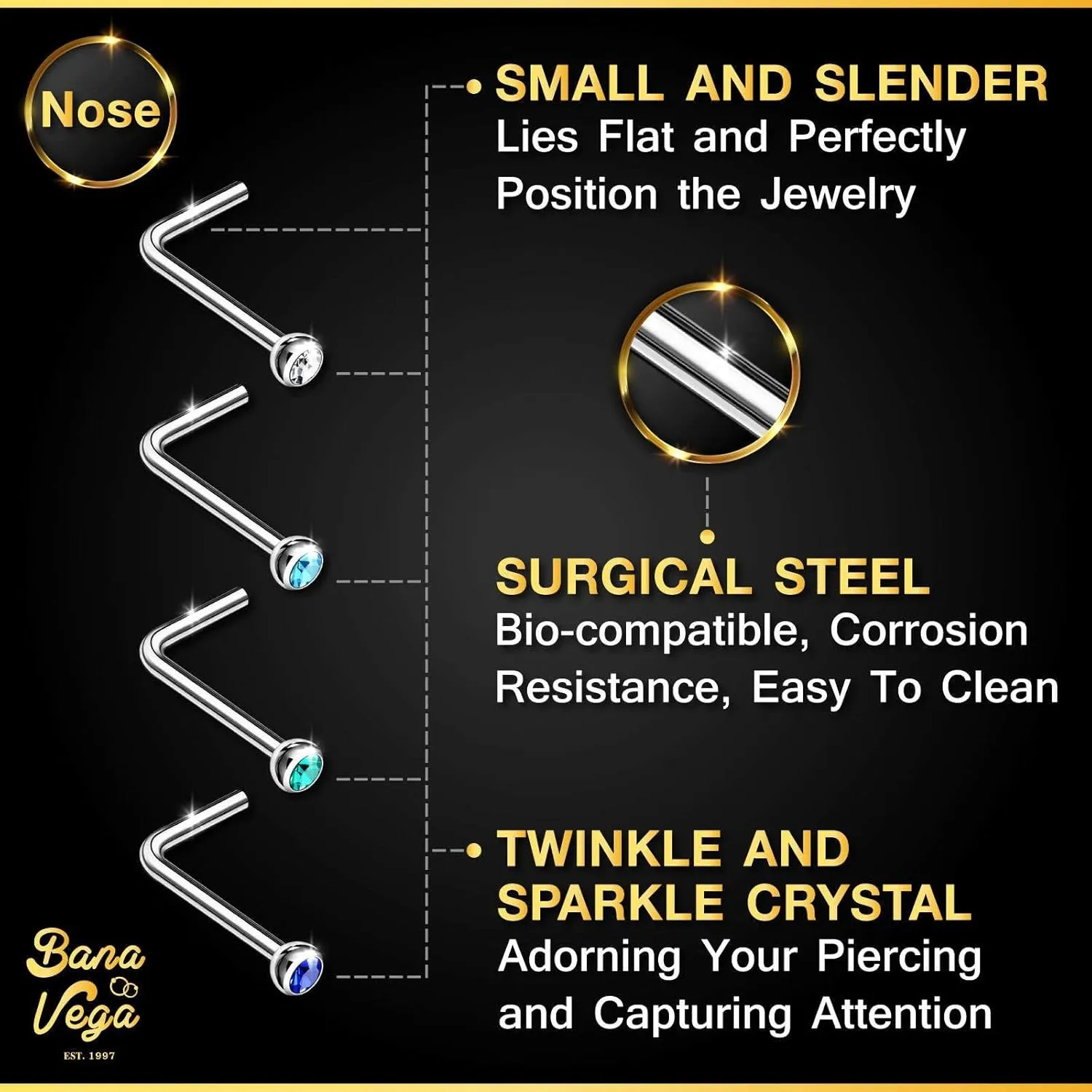 Surgical Steel L Shaped Nose Ring 7mm Flesh tiny Nostril Crystal Stud Piercing Jewelry - See More Colors