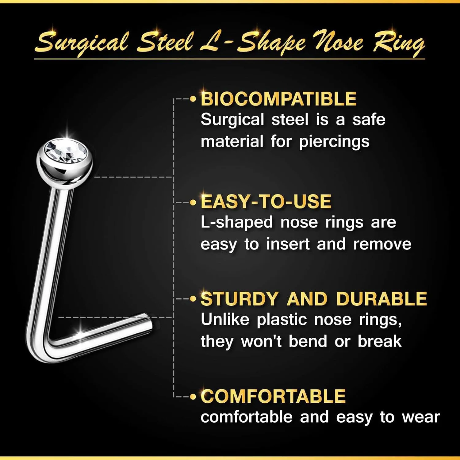 Surgical Steel L Shaped Nose Ring 7mm Flesh tiny Nostril Crystal Stud Piercing Jewelry - See More Colors