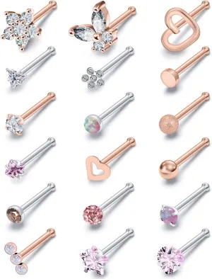 Surgical Steel Nose Ring 20G - Hypoallergenic Nose Studs With Cute Flat Opal Flower Diamond Heart - Straight L Shaped Purple, Pink, Black, Silver for Women Men Gift