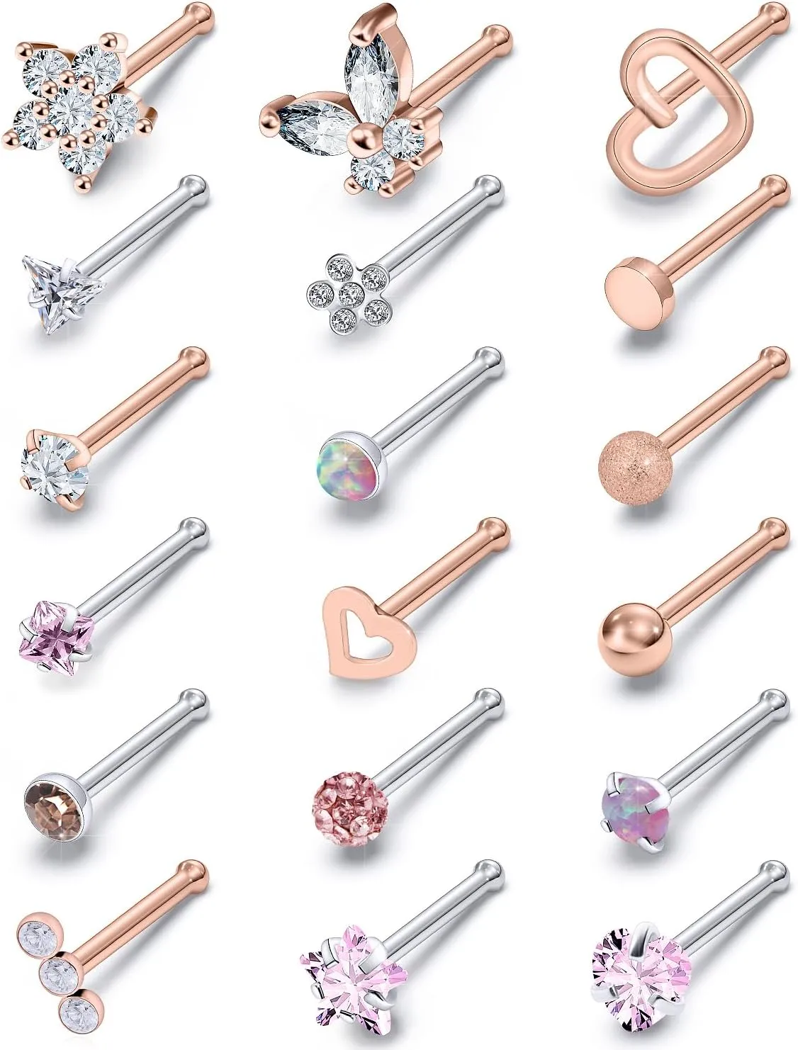 Surgical Steel Nose Ring 20G - Hypoallergenic Nose Studs With Cute Flat Opal Flower Diamond Heart - Straight L Shaped Purple, Pink, Black, Silver for Women Men Gift