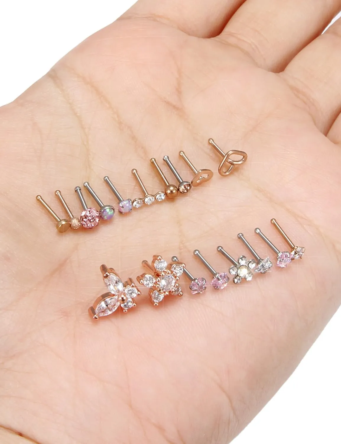 Surgical Steel Nose Ring 20G - Hypoallergenic Nose Studs With Cute Flat Opal Flower Diamond Heart - Straight L Shaped Purple, Pink, Black, Silver for Women Men Gift