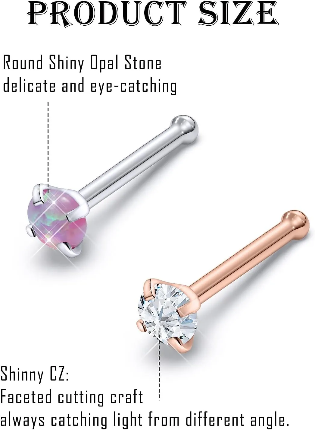 Surgical Steel Nose Ring 20G - Hypoallergenic Nose Studs With Cute Flat Opal Flower Diamond Heart - Straight L Shaped Purple, Pink, Black, Silver for Women Men Gift