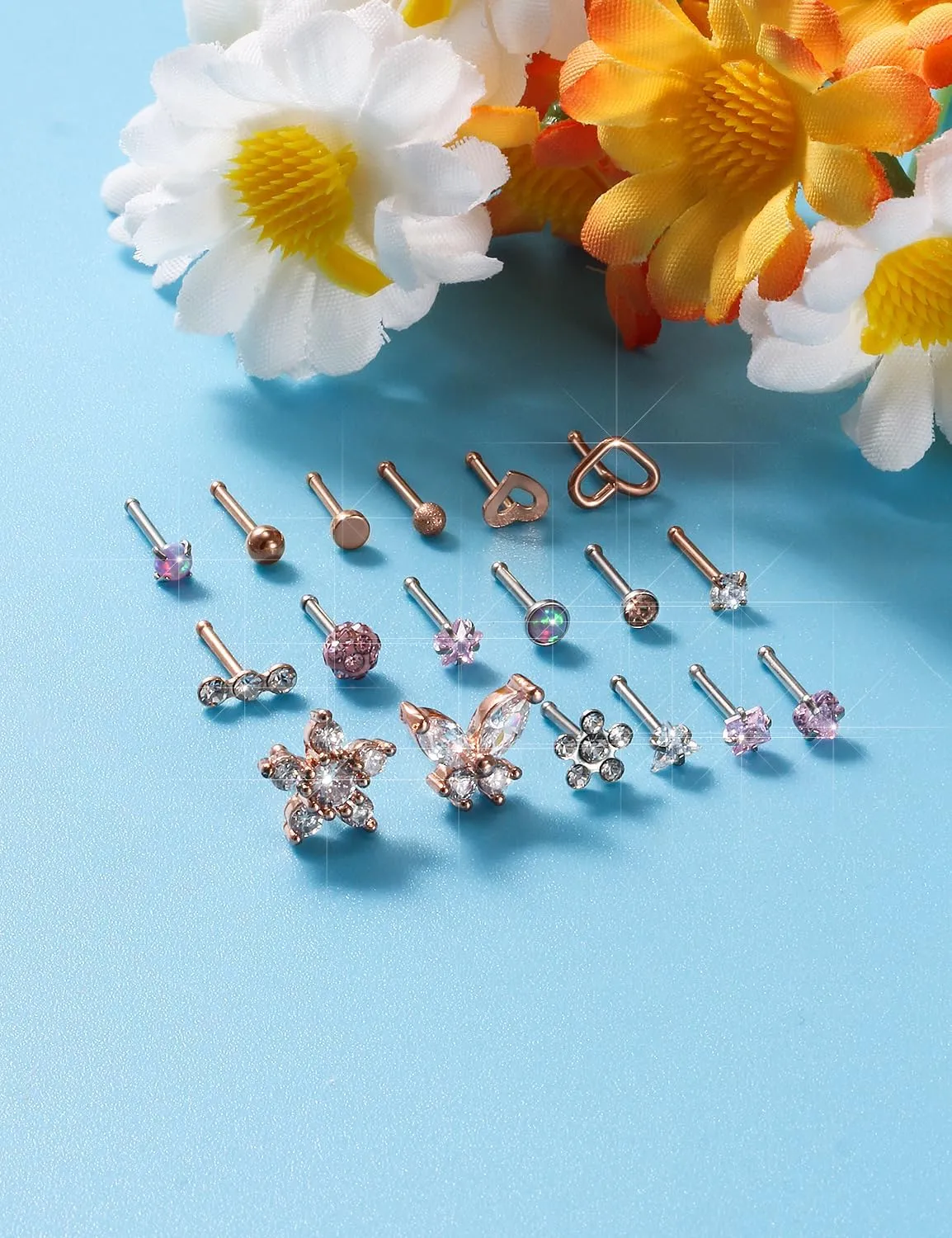 Surgical Steel Nose Ring 20G - Hypoallergenic Nose Studs With Cute Flat Opal Flower Diamond Heart - Straight L Shaped Purple, Pink, Black, Silver for Women Men Gift