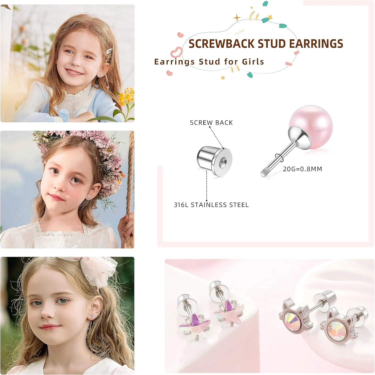 Surgical Steel Screw Back Earrings for Women Hypoallergenic Small Stud Earrings Flat Back Studs