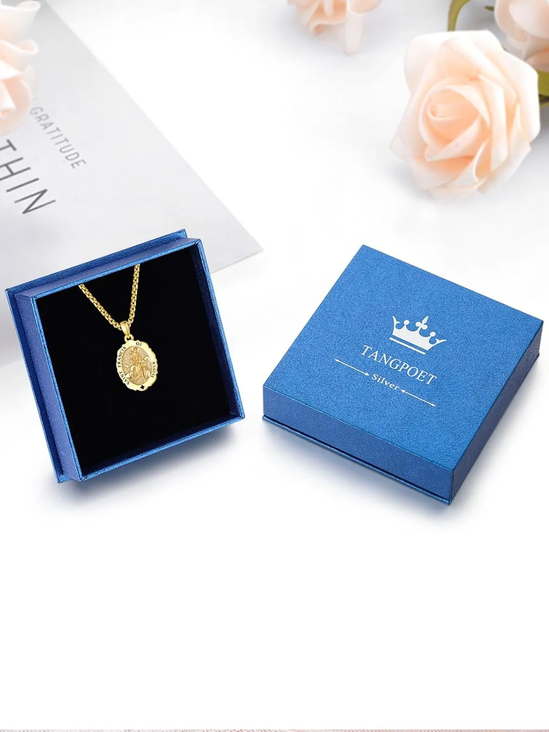 TANGPOET Saint Medals Pendant Necklace for Men Women 925 Sterling Silver 24K Gold Plated Patron Religious Christian Protection Amulet Jewelry Gifts for Birthday Mothers Fathers Day Christmas