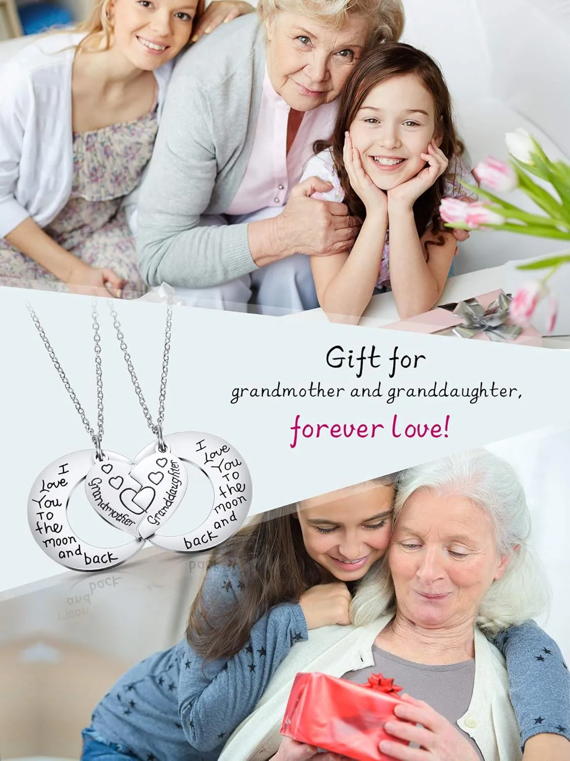 Tatuo 2 Pack Necklace Pendant for Grandmother Granddaughter Necklace I Love You to the Moon Jewelry for Women