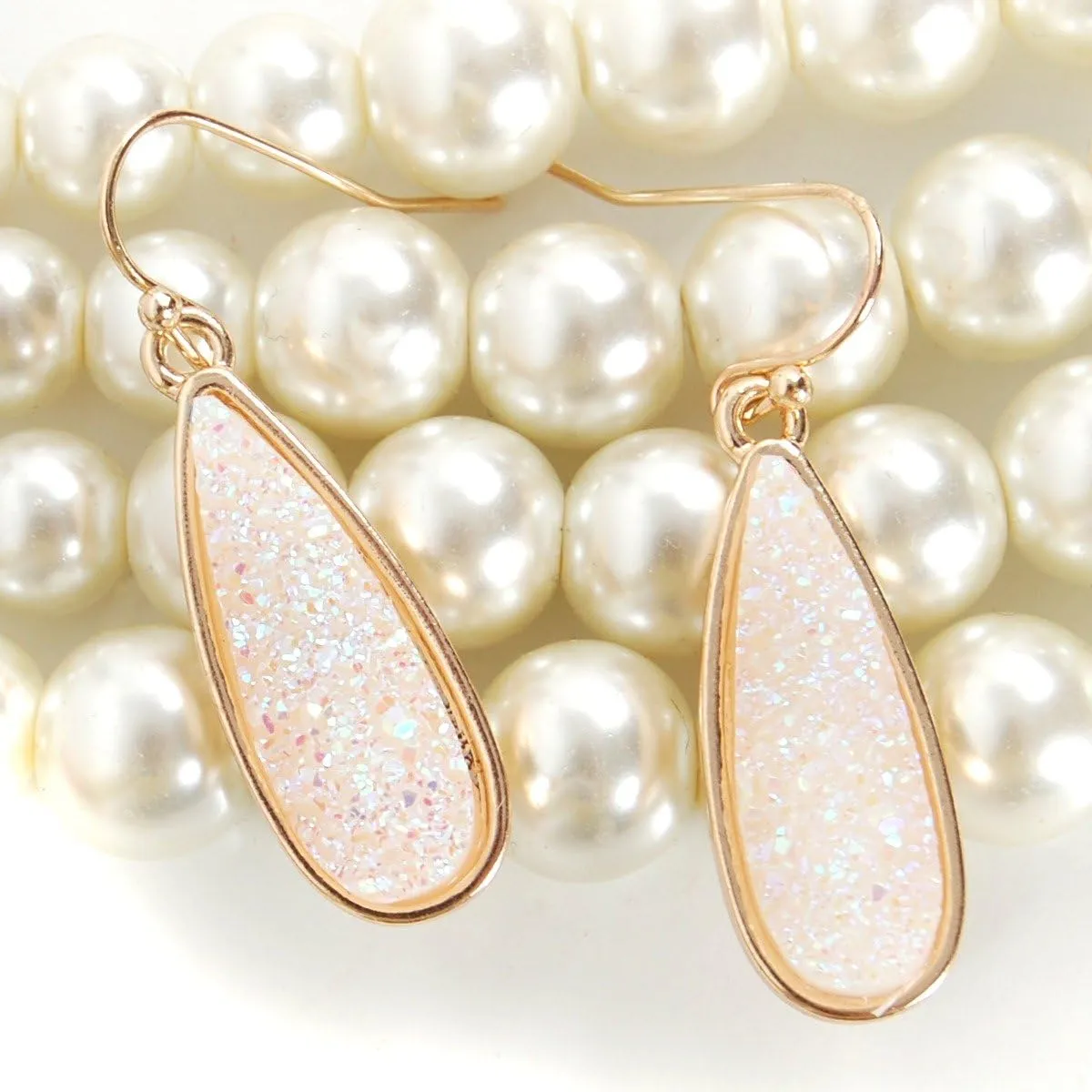 Teardrop Dangle Earrings for Women with Simulated Druzy Stones, in Gold, Rose Gold, or Silver Tone