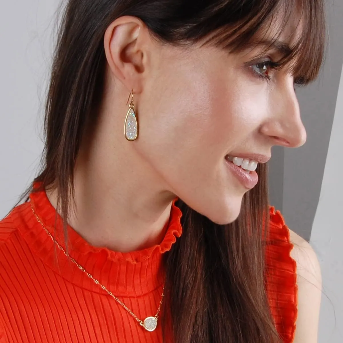 Teardrop Dangle Earrings for Women with Simulated Druzy Stones, in Gold, Rose Gold, or Silver Tone