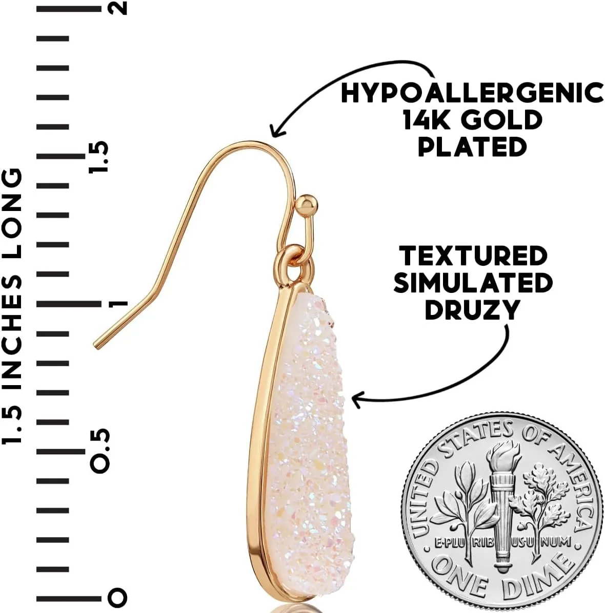 Teardrop Dangle Earrings for Women with Simulated Druzy Stones, in Gold, Rose Gold, or Silver Tone