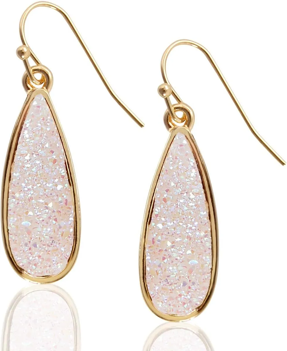 Teardrop Dangle Earrings for Women with Simulated Druzy Stones, in Gold, Rose Gold, or Silver Tone